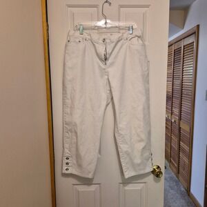 Lark Lane Womens White Cotton Stretch Capri Pants Size 16 Button Hem Cropped